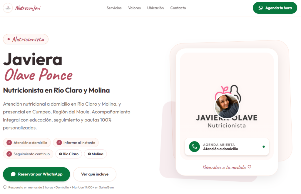Página de inicio de Nutre con Javi, sitio web de servicios de nutrición